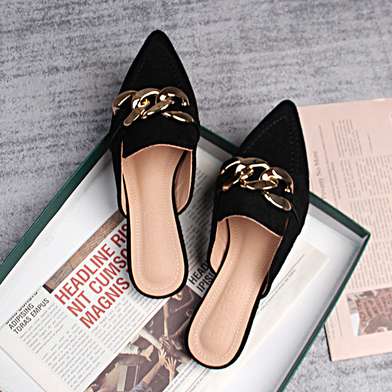 Flat half slippers women's spring and autumn new pointed metal chain Muller shoes 41-43 foreign trade shoes wholesale_voghion.com