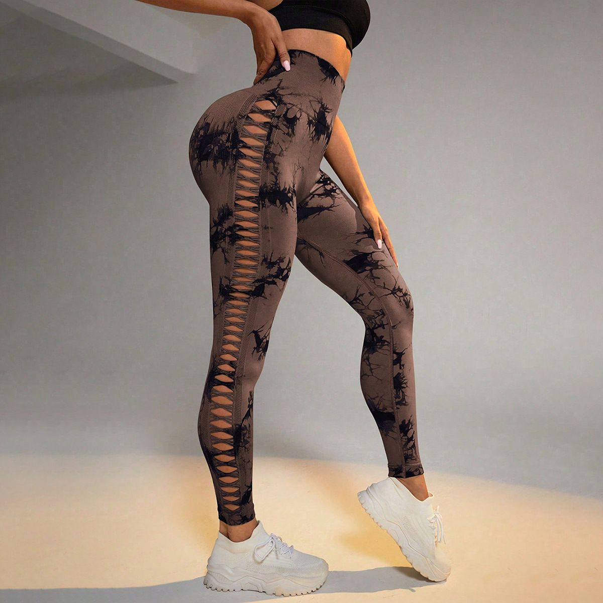 Cross-border lateral agujero atado teñido pantalon sin costuras de cintura alta pantalones ajustados pantalones deportivos leggings