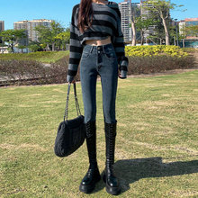 春秋双扣超高腰牛仔裤女蓝灰色百搭弹力裤外穿紧身九分铅笔裤子冬