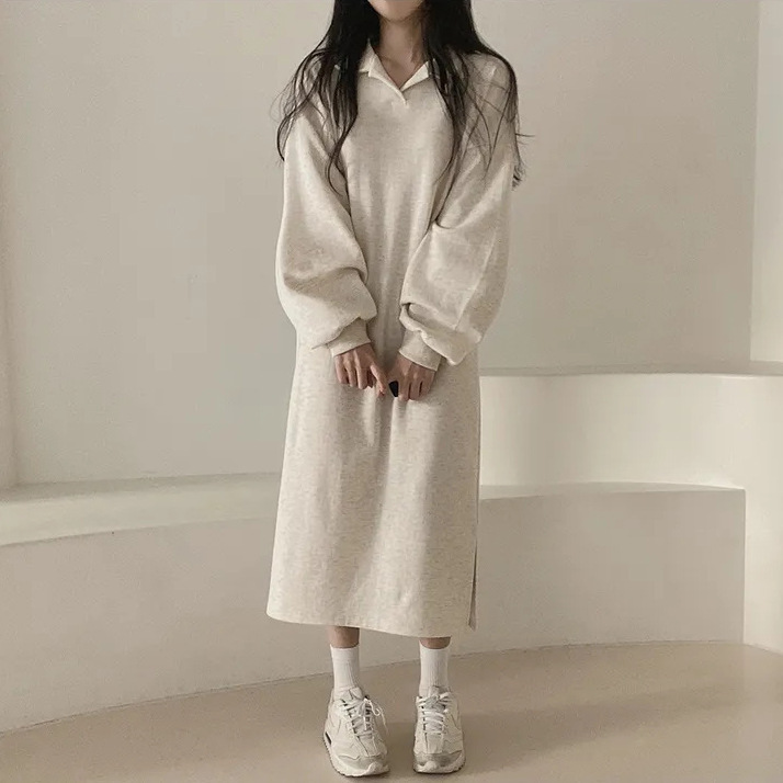 Korean version of solid color autumn and winter POLO collar spring and autumn Internet celebrity new plus velvet loose lazy style long fat mm dress
