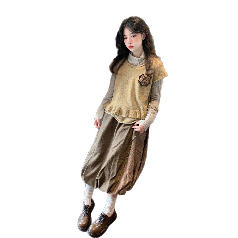 今年流行的套装法式文艺针织毛衣马甲长袖打底衫半身长裙女三件套|undefined