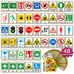 48 pieces of warning sign recognition children's early education literacy poster flash cards for cross-border intellectual development parent-child education cards