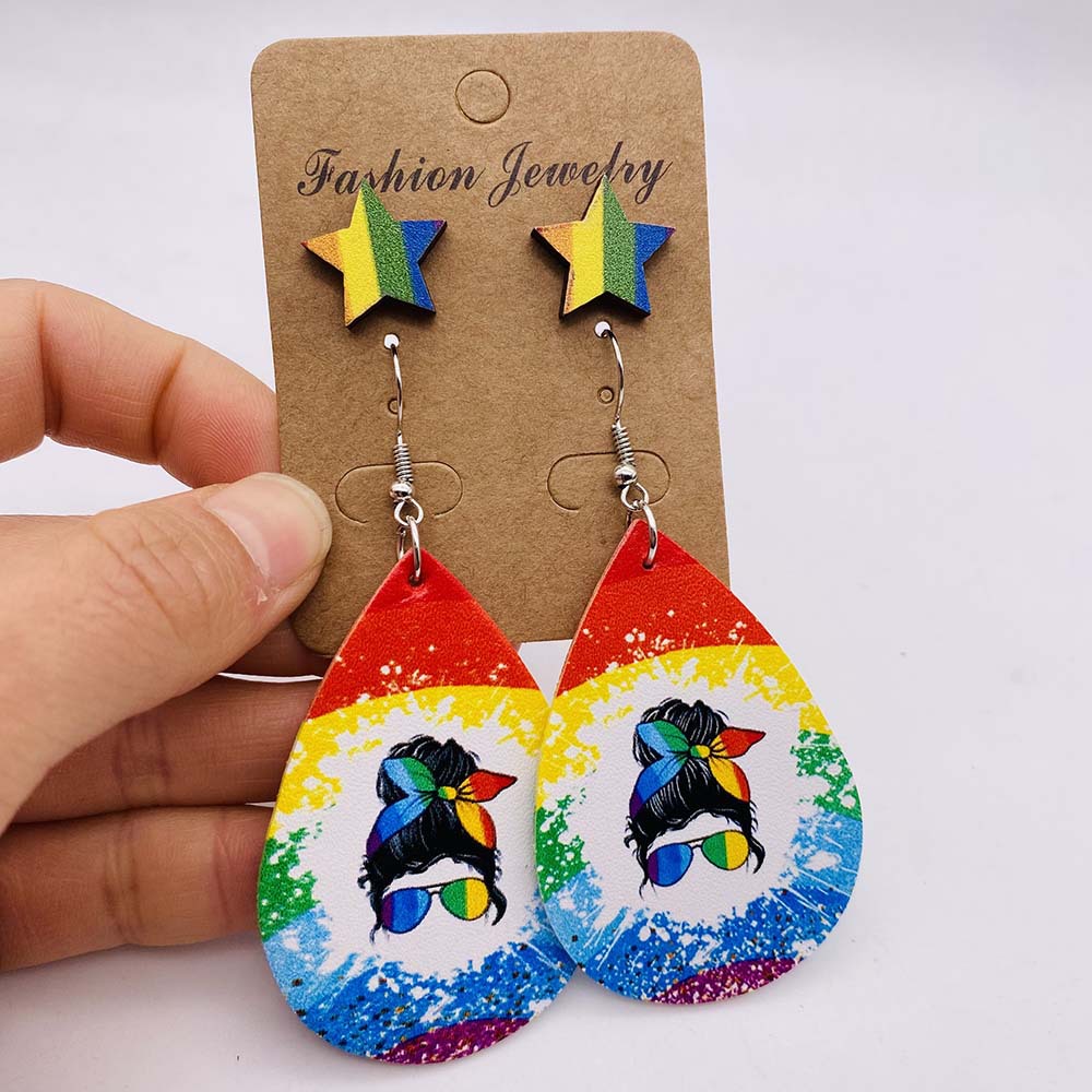 1 Pair Quantity Holiday, Street Occasion Wood Material Casual Rainbow Water Droplets Heart Shape Wood Women's Drop Earrings