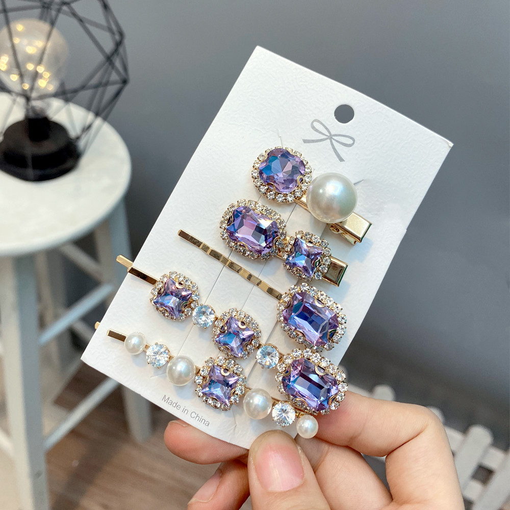 Retro Style Geometric Rhinestone One-word Hair Clip 5-piece Set display picture 4