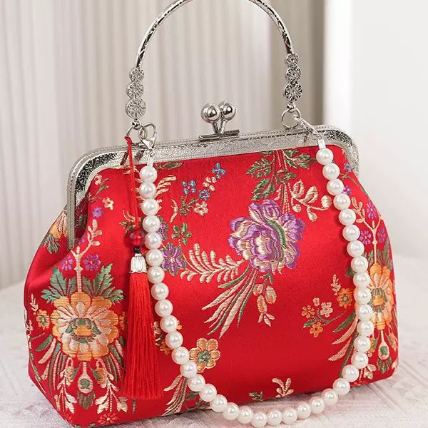 原创金底红花复古配旗袍汉服茶服婚嫁手提送长辈斜挎女古风喜婆包