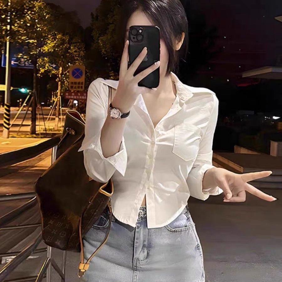 New Hot Girl Waist-Cinching Long-Sleeved Shirt for Women, College Style Pure Lust Style Versatile White Shirt with Slim Solid Color Top Inside