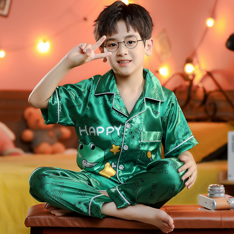 Ice Silk Boy's Pajamas Summer Short-sleeved Trousers Thin Silk Children's Home Clothes Middle and Big Children's Cartoon Parent-child suit