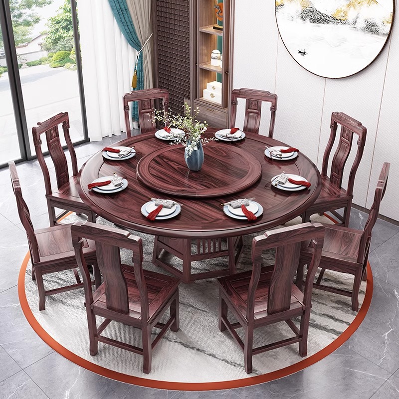 Australian Rosewood New Chinese Style Solid Wood Dining Table Mahogany Color Round Table with Turntable Glass 2025 New Full Set of Furniture