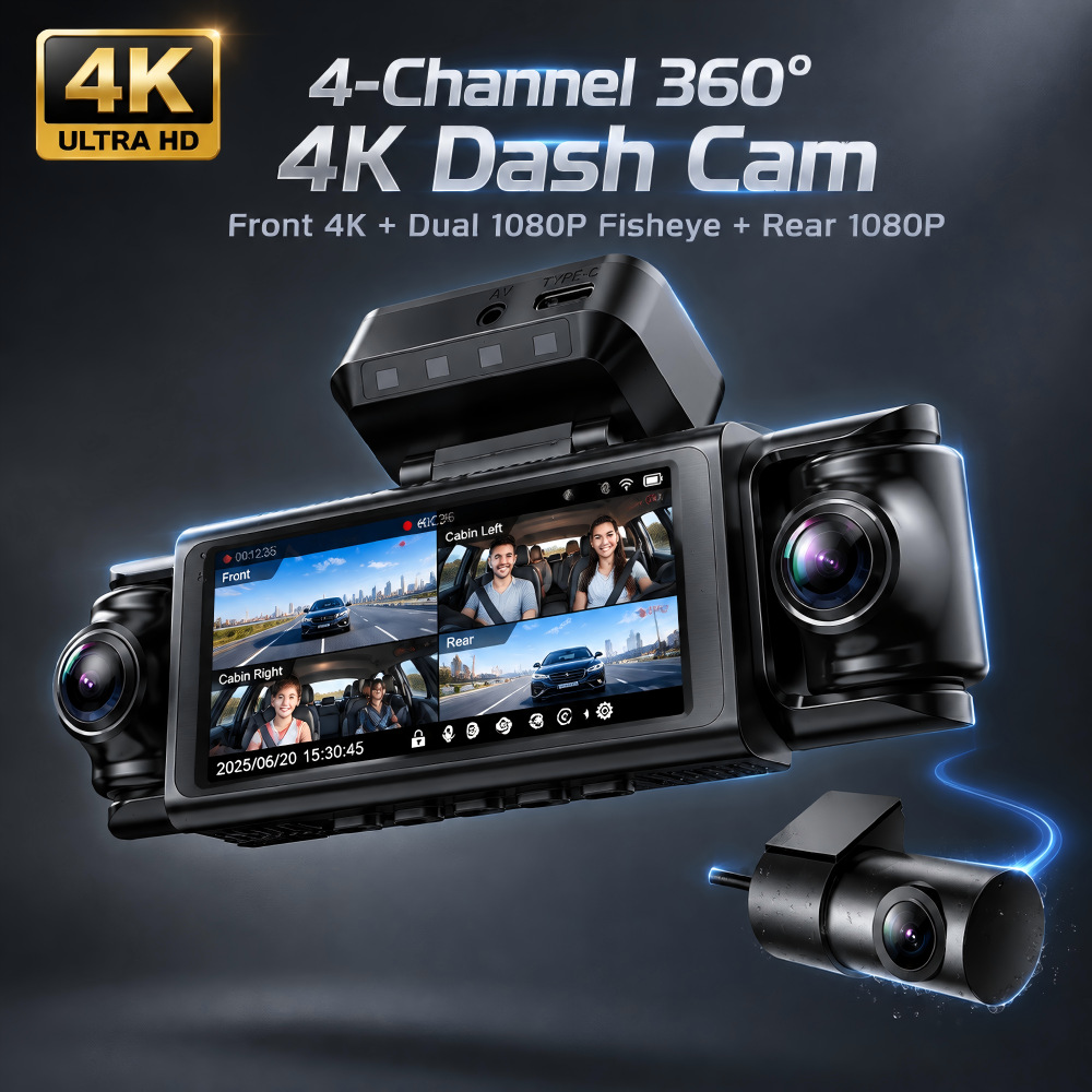 Cross-border 4K dashcam with 5G WiFi, 4-channel recording, front and interior cameras, fisheye wide-angle lens, and ADAS/ BSD driver assistance features