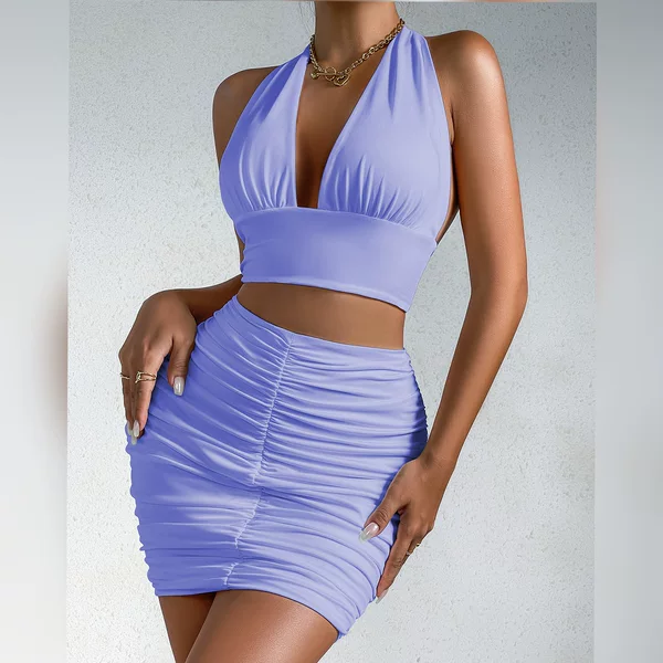 2026 Amazon Women's Halter Neck Tie Two-Piece Set European and American Style Sexy Cropped Ruched V-Neck Strap Dress