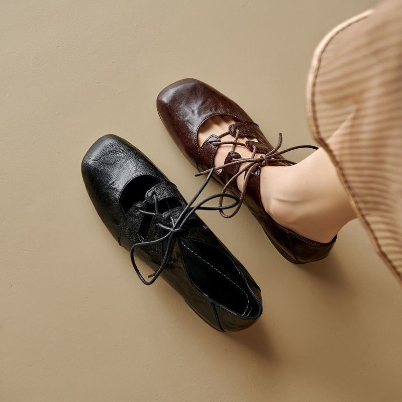 2024 Spring and Autumn Square-Toe Shallow-Heel Low-Heel Lace-Up Fashion Shoes Brown Black Mary Jane Shoes