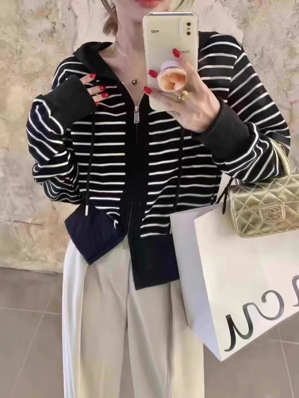 爆款连帽针织开衫女年秋季条纹短款黑白撞色卫衣内搭上衣外套|undefined