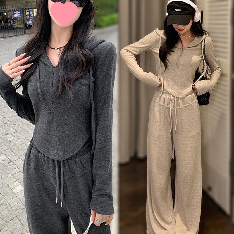 初秋显瘦时髦休闲女春秋冬连帽修身上衣阔腿裤宽松运动服两件套装|undefined