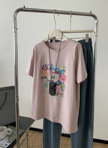 Designer Gray Pink Gingham Pure Cotton T-shirt for Women, Youthful Korean Style Loose Round Neck Color Point Cartoon Print Short Sleeve Top for Summer