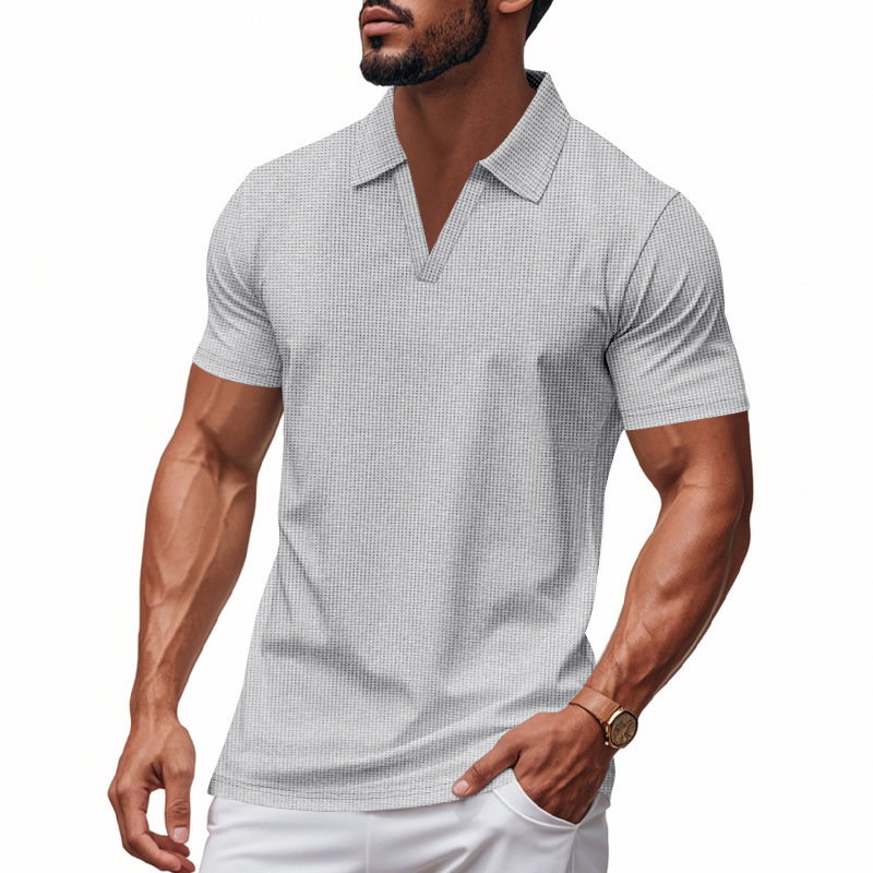 Cross-Border American-Style Summer Men's Loose Casual Sports Jersey Shirt V-Neck Waffle Short-Sleeve Polo Shirt for Men