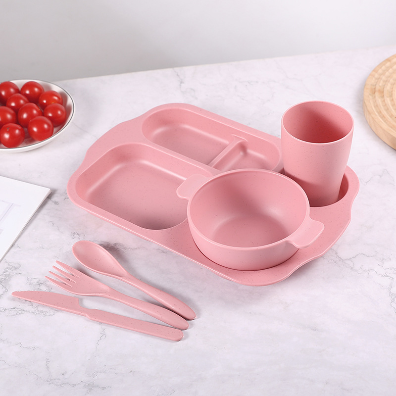 Plato de comedor para niños 24 piezas set de paja de trigo jardín de infantes anti-caída taza de plato de comedor cuchillo y tenedor cuchara set