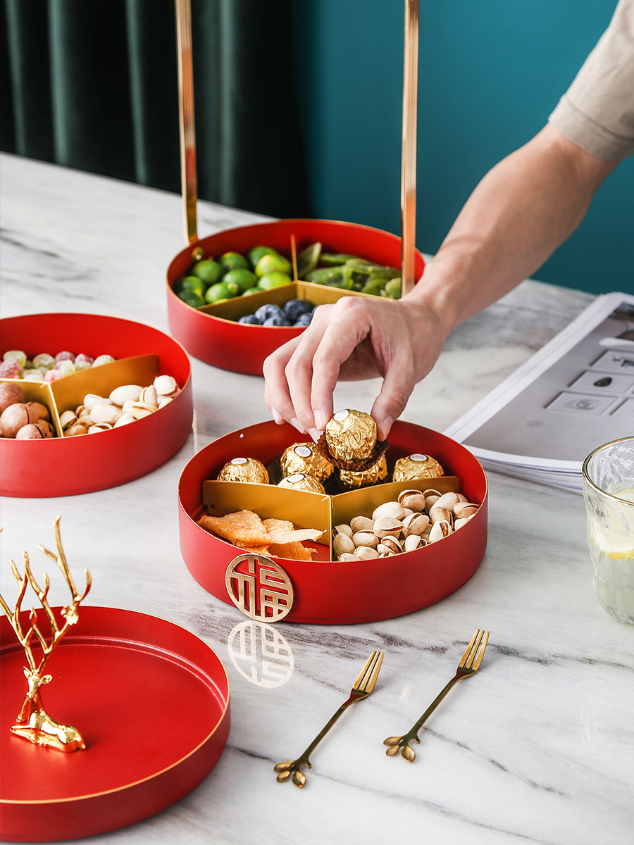 Sala de estar del hogar compartimiento de doble capa de lujo ligero giratorio fruta seca merienda plato de fruta mesa de té boda creativa caja de almacenamiento de dulces