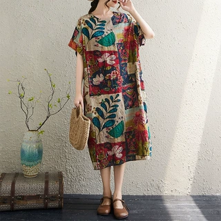连衣裙夏新款现货胖薄棉麻印花文艺女气质过膝中长款短袖连衣裙