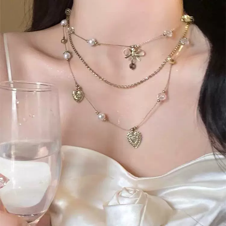 D中古vintage爱心多层叠戴项链新款复古小众古着锁骨链女高级颈链