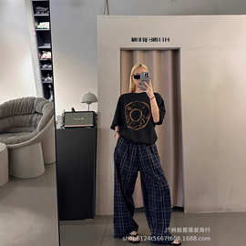 高版本B家25秋冬新款复古格纹刺绣logo休闲长裤ins男女高腰直筒