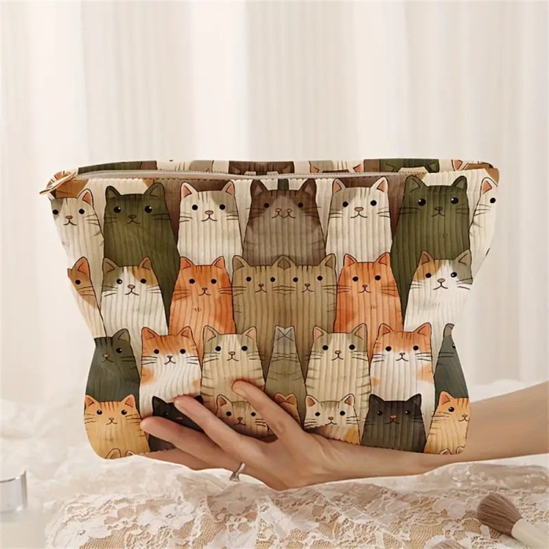 Shein Amazon Temu Cute Cartoon Kitten Print Corduroy Zipper Storage Bag Lightweight Cosmetic Bag
