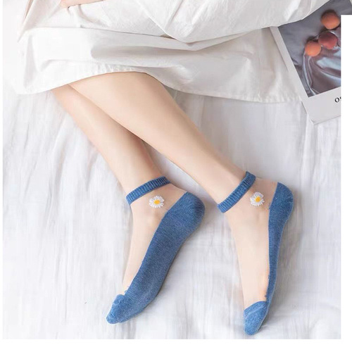 Summer new product Internet celebrity Daisy Glass Silk Thin Socks Transparent Crystal Silk Socks Women's Color Blocking Boat Socks