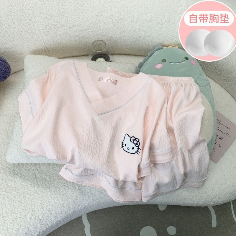 2025 New Style Pajamas with Breast Pads for Women Summer Sweet Cloud Cotton Cartoon Embroidered V Neck Home Clothes Two-Piece Suit 2025 New Style Pajamas with Breast Pads for Women Summer Sweet Cloud Cotton Cartoon Embroidered V Neck Home Clothes Two-Piece Suit
