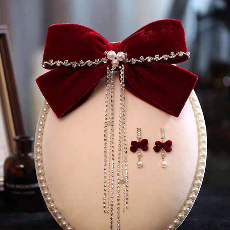 Velvet rojo gran abrazadera de cabello de arco de novia brindis de boda toque de cabeza conjunto de pendientes de compromiso de mujer temperamento de cabello