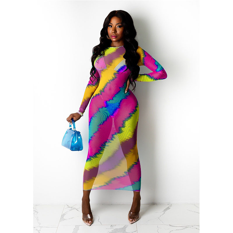 Perspective Colorful Striped Printed Dress NSMYF100005