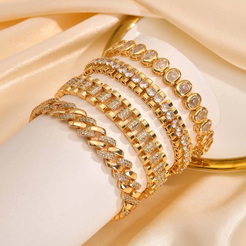 14K Gold-Colored Copper Women's Watch Strap Bracelet, Zircon Double-Sided Polished Chain, Cross-Border European and American Style Jewelry Wholesale 14K Gold-Colored Copper Women's Watch Strap Bracelet, Zircon Double-Sided Polished Chain, Cross-Border European and American Style Jewelry Wholesale