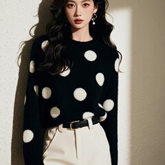 黑色波点宽松软糯针织漂亮毛衣女2025新款秋冬感穿搭上衣