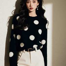 黑色波点宽松软糯针织漂亮毛衣女2025新款秋冬感穿搭上衣