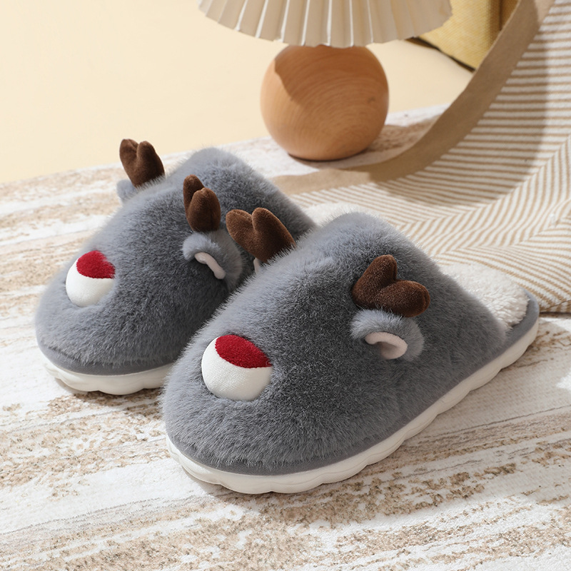 thumbnail image 1 of Zapatillas de algodón para mujer, alce navideño, pantuflas peludas de otoño e invierno, para interior del hogar, antideslizantes, cálidas zapatillas de algodón para niños, 1 of 5