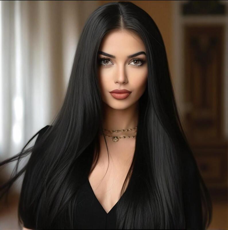 Wig Ladies Long Straight Black Hair Synthetic Fiber Black Straight Wig Black Long Hair Wig 28Inch Full Headgear