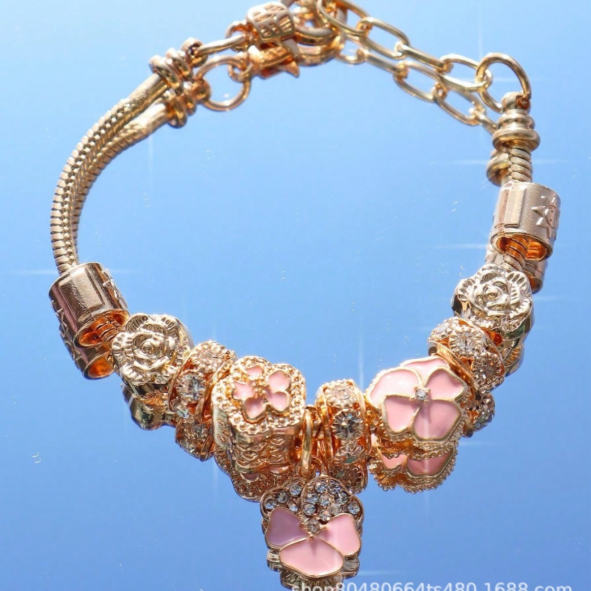 Pulsera Pan Dora DIY con cuentas Explosión transfronteriza Rhinestone Pink Oil Flower Pulsera Moda Joyas image 1