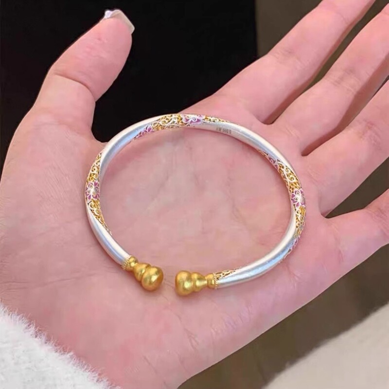 描金珐琅彩繁花葫芦手镯女实心开口轻奢素圈古法镀银手环镯子复古|undefined