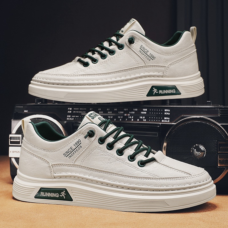 Vyriški bateliai „Board“, balti, skirti studentams, 2024 m. rudens nauji žemi plokščiapadžiai vyriški batai, odiniai sportiniai ir laisvalaikio madingi batai._voghion.com