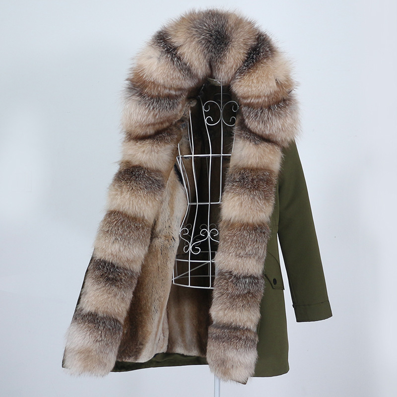 Damkläder hett säljande pälsparka dam avtagbar fodrad pälskrage med mellanlång modern varm kappa med huva_voghion.com