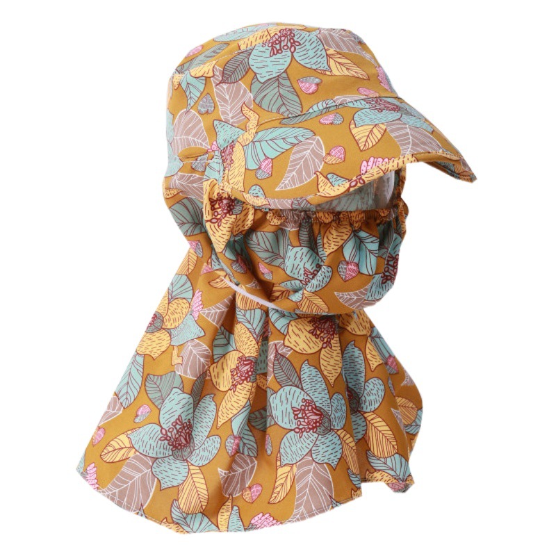 23 Summer Cotton Silk Small Floral Sun Protection Hat with Neck and Face Protection for Outdoor Use, Tea-Picking Hat with Large Brim and Integrated Design