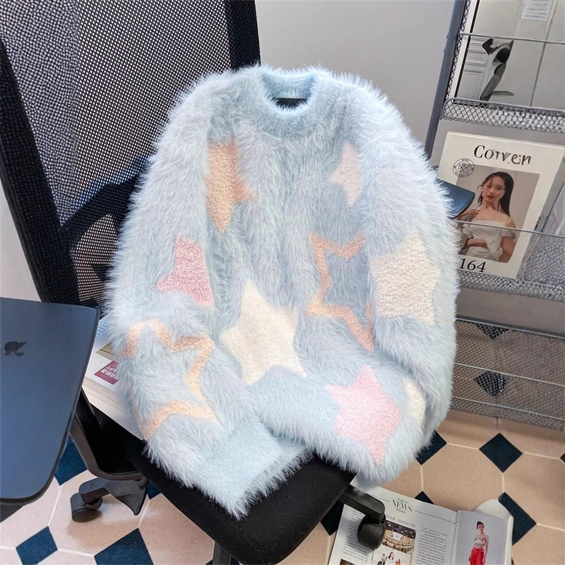 Winter Thickened Warm Mink Velvet Star Knitwear Women's Milk Blue Sweet Inner Knitwear Top