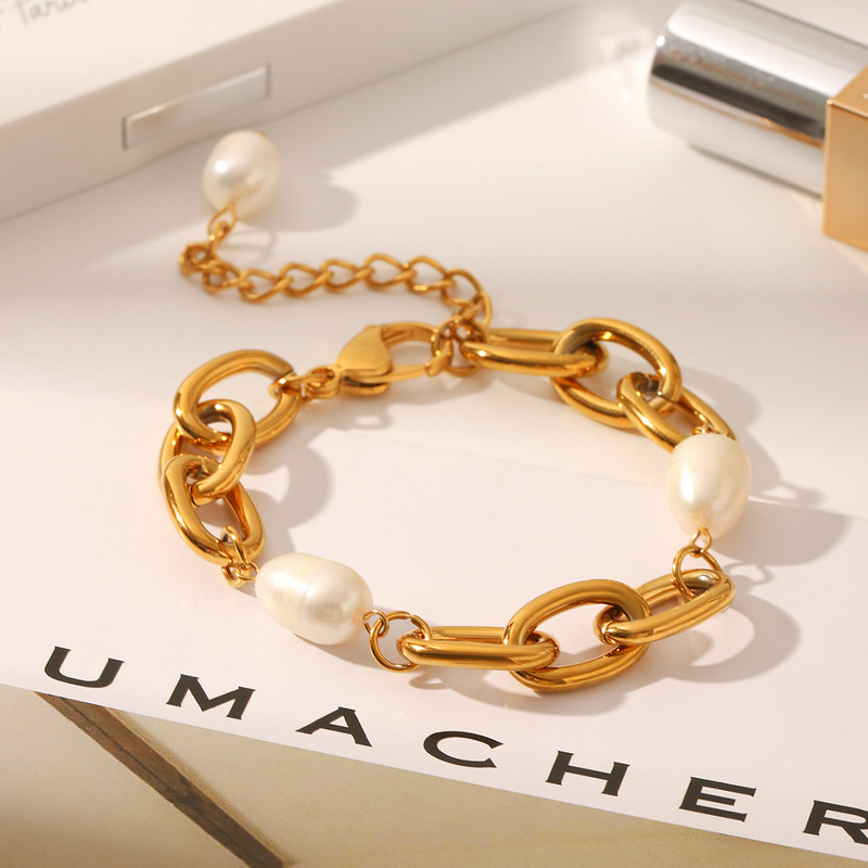 2025 Summer Marine Wind Fresh Water Pearl Charm Bracelet High Sense PVD Stainless Steel Bold Bracelet Cross Chain
