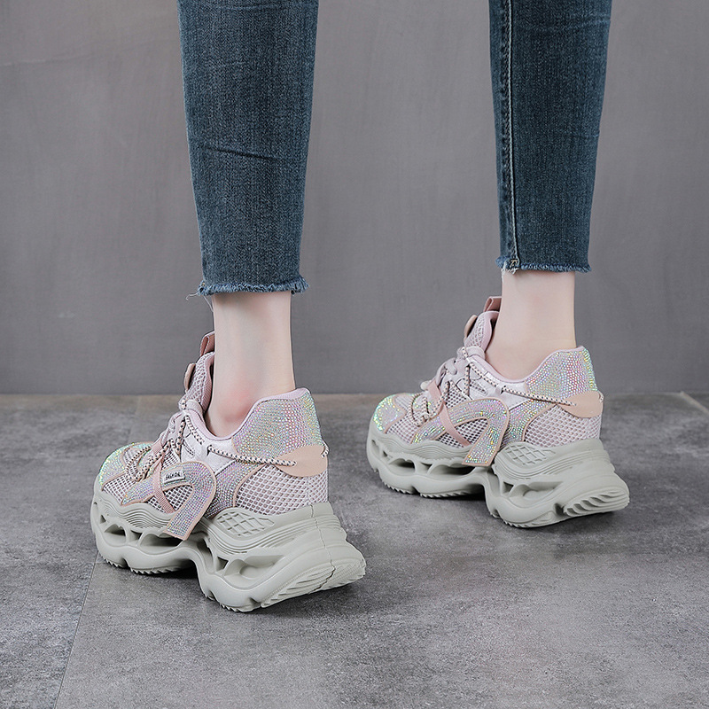 Giày sneaker nữ chunky đế dày da phối đá mesh thoáng khí — màu hồng