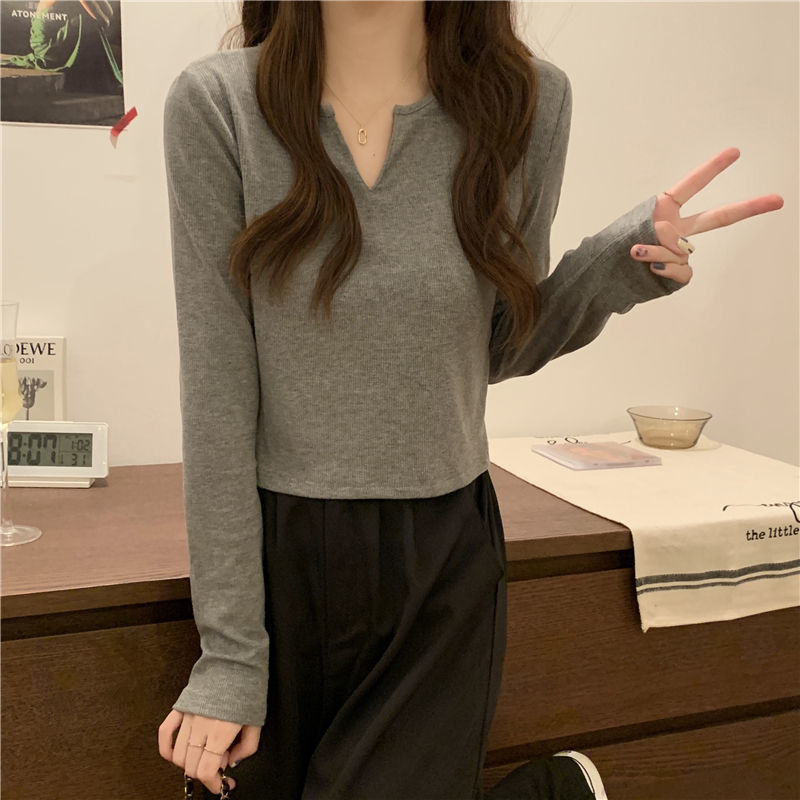 Camiseta única con cuello en V y manga larga para mujer, nueva colección primavera-otoño 2026, estilo coreano, corte ajustado, versátil, camiseta básica, top corto.