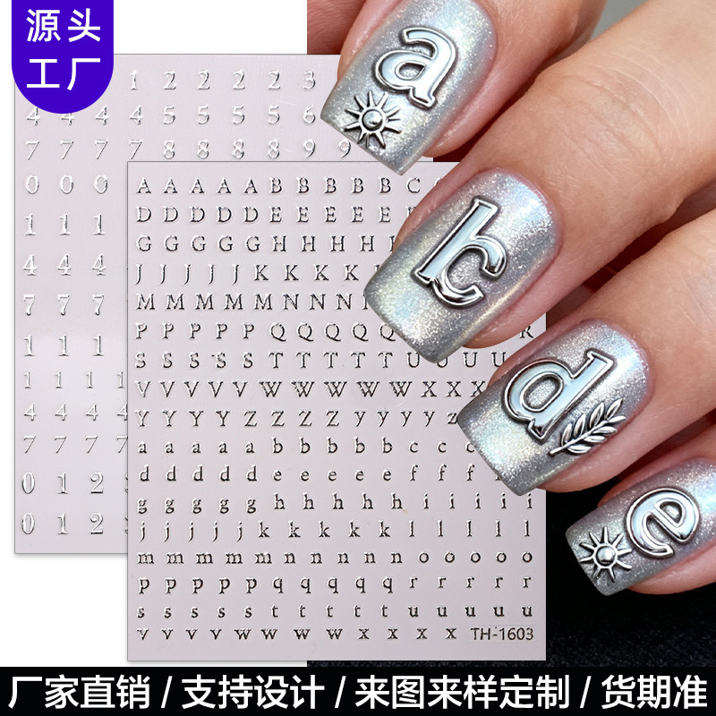 Zhengxiang Cross-Border New Simple Alphanumeric Nail Stickers Mixed with Adhesive Coding 3D Black and White Silver Nail Stickers