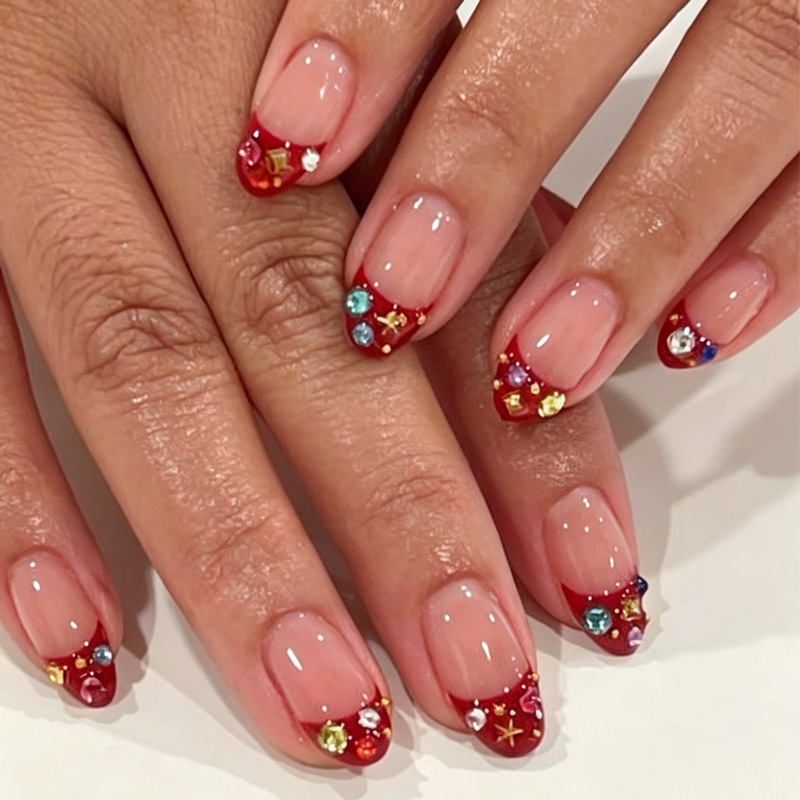 Lefan Manicure Red Rhinestone Autumn-Winter French Style Short Oval Press-On Nails Cross-Border Foreign Trade Flashy Fake Nails Wholesale Lefan Manicure Red Rhinestone Autumn-Winter French Style Short Oval Press-On Nails Cross-Border Foreign Trade Flashy Fake Nails Wholesale