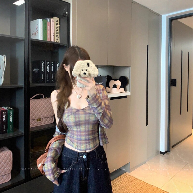 复古格纹长袖开衫外套女秋季休闲套装辣妹短款吊带背心上衣两件套|undefined