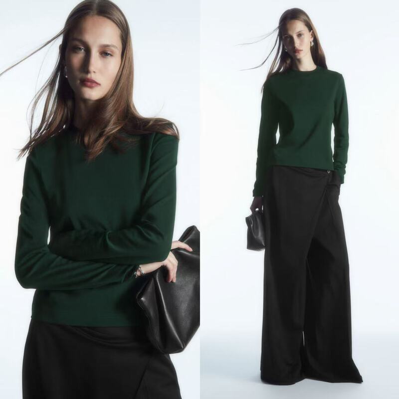 【Clearance Sale 80】Bm Nordic Double-Sided Mercerized Cotton Fashionable Simple Loose Straight Short Silhouette Long Sleeve T-Shirt