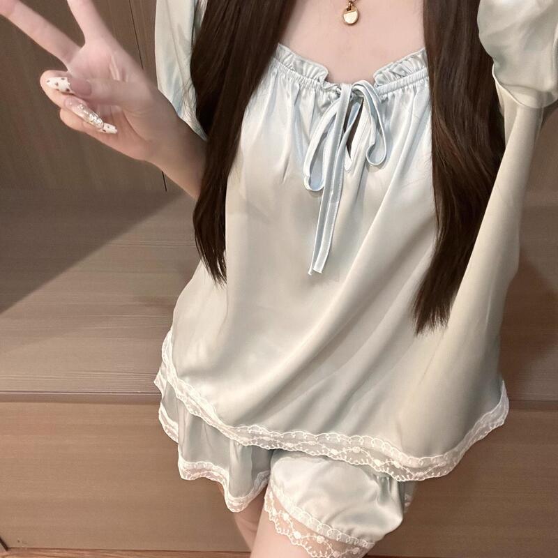 [in Stock] Sweet Palace Style Lace Trim Ice Silk Short Sleeve Pajamas for Women, Summer Plus Size, Can Be Worn Outside, Shorts Set