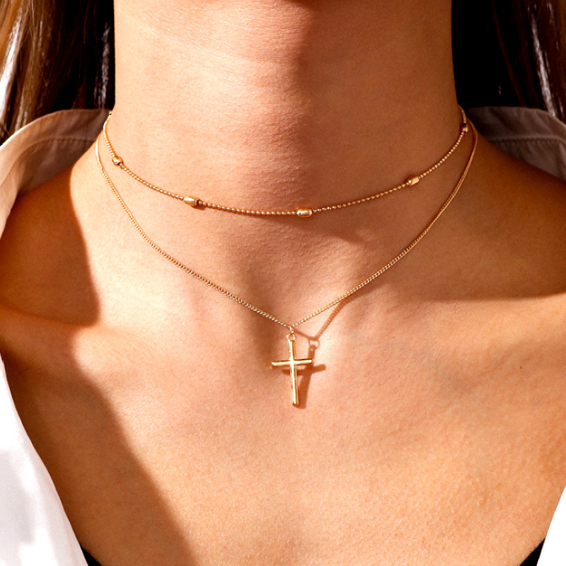 10g Weight Alloy Pendant Material Double Layer Necklaces Classification Alloy Chain Material 1 Piece Quantity Holiday, Daily Occasion Alloy Material Geometric, Cross Pattern Women's Gender Plating Design Basic, Modern Style, Classic Style Style Basic Modern Style Classic Style Geometric Cross Alloy Wholesale Double Layer Necklaces 2