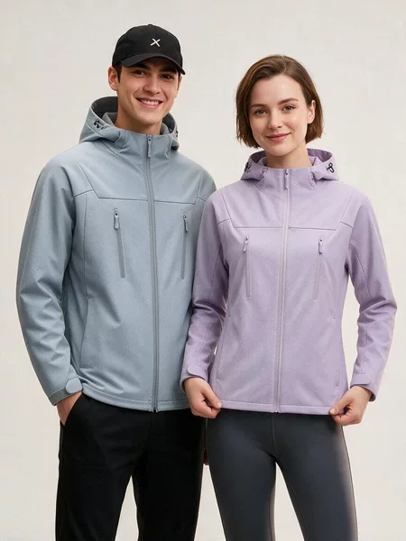 Outdoor couple's softshell jacket, men's windproof and wear-resistant mountaineering travel jacket, women's solid color hooded jacket, bulk purchase with custom logo